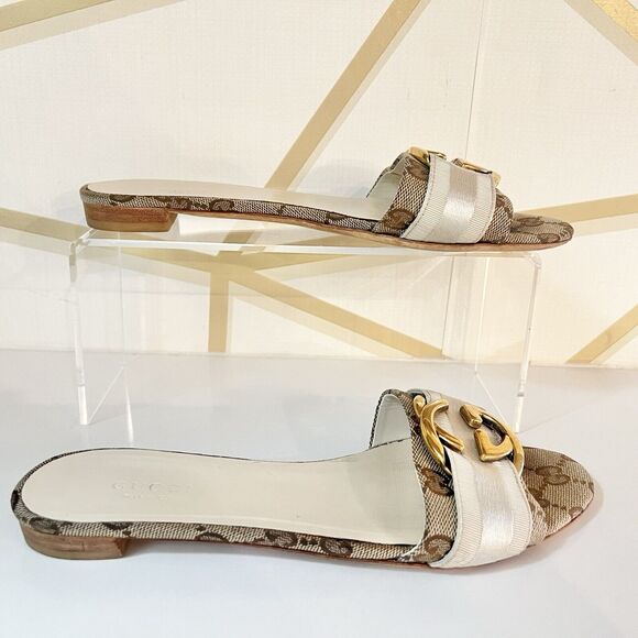 Gucci Brown Interlocking GG Supreme Canvas with Ribbon Slides Flats Size 36 - Picture 9 of 13